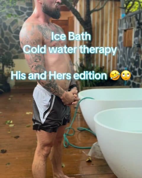 Rob beside the ice bath, ready for cold water therapy